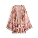 Queens Women Floral Print Sashes Bat Sleeve Beach Bohemian Kimono Dresses Ladies V Neck Summer Bikini Boho
