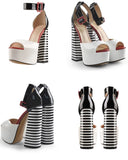 Onlymaker Women's Sandals Platform Peep Toe Chunky Square Heels Ankle Strap Sandals Black And White Stripes Party Fashion