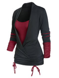 Sleeve Cinched Contrast Faux Twinset T-shirt Women Tee T Shirt Full Sleeve Ruched 2 In 1 Tee Twofer