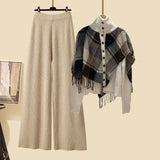Knitted Two Pieces Sets Womens Outfits Office Ladies Elegant Vintage Plaid Patchwork Sweater Cardigan+ Wide Leg Pant