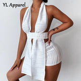 Sexy Solid White Deep V-neck Halter Bandage 2 Pieces Sets 2022 Summer Sleeveless Backless Chic Suits Outfits with
