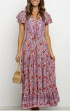 Queens Women Floral Print Short Sleeve Tassel Pleated Bohemian Maxi Dresses Ladies V-neck Rayon Boho Dress