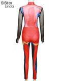 Colorful Print Casual Two Piece Sets Women Mesh Patchwork Skinny Sporty Bodysuits Top+High Waist Leggings
