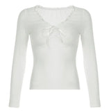 Solid Color Ruffled V-Neck Bow Long Sleeve TeeOutfit