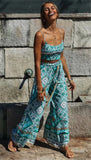 Queens Women Green Floral Print Sleeveless Tops Bohemian Wide Leg Pants 2 Pieces Rayon Boho