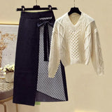 Women Autumn Winter Warm Knitted Two Pieces Sets Korean Long Sleeve Pullover Sweater Top And High Waist Skirts