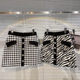 2022 Summer New Design Single Breasted Buttons Rhinestone Black White Plaid Short Mini Skirt Women