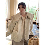 Sweet Lamb Wool Coat Women Kawaii Peter Pan Collar Plush Jackets Korean Cute Thick Ruffled Patchwork Chic Outwear Tops