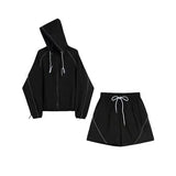 Two Piece Set Women Summer Zip Up Drawstring Hoodie Loose Shorts Pants Simple Casual Sporty Tracksuit Sunscreen