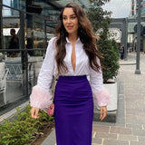 Women Clothes Blouses 2022 Spring Fur Patchwork Long Sleeve Office Lady Shirt Elegant White Turn Down Collar Tops