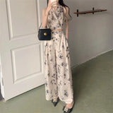 Fashion Casual Satin Printed Set Women's Summer Temperament Elegant Premium Sense Vest Top Wide Leg Pants Two Piece