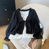 Aesthetic Patchwork Bow Tie Long Sleeve BlouseOutfit