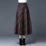 Winter Skirt Female Plus Size Plaid Flower Print Women'S Maxi Skirt High Waist Warm Wool Skirt Elegant Office Lady