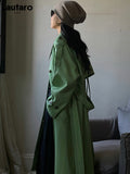 Spring Oversized Long Green Black Soft Pu Leather Trench Coat for Women Raglan Sleeve Belt Single Breasted Fashion