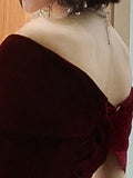 Spring Long Luxury Elegant Wine Red Soft Velvet Evening Party Wedding Dresses for Women 2023 Off Shoulder Maxi