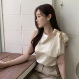 Solid Elegant Blouse Women Office Irregular Tie Bow Chic Shirts Ladies Sleeveless Loose Simple All Match Chiffon Tops