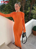 Fashion Orange Women'S Dress 2022 Bodycon O-Neck Long Sleeve Maxi Dress Ladies Elegant Slim Classic Pleated Party