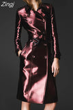 Spring Autumn Long Shiny Reflective Patent Leather Trench Coat for Women Belt Double Breasted Cool European Fashion