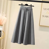Knitted Midi Skirts Women High Waist Pleated A Line Skirt Korean Elegant Autumn Winter Lace Up Bandage Slim Casual