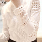 Women Blouses Slim Bottoming Long-sleeved White Shirt Lace Hook Flower Hollow clothes