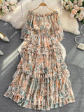 Vintage Floral Ruffle Chiffon Long Dress Women Sexy Slash Neck Off Shoulder Flare Sleeve High Waist A-Line Beach