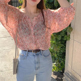 Sweet Sunscreen Shirt Women Casual Holiday Floral V Neck Chic Chiffon Blouse Korean Fashion Elegant Loose All Match