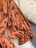 Red/Brown/White Printed Pleated Chiffon Dress Autumn Elegant V-Neck Flare Long Sleeve High Waist Draped Midi Vestido