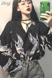 Sleeve Bf Red-crowned Crane Print Loose Shirts Harajuku Blouse Tops Women Vintage Chemise Femme High Street