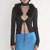 Y2K Retro Sexy Backless Feather Trim Mint Mesh Top Coquette Aesthetics Deep V Bandage Long Sleeve Covers Rave