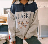 Women Sweatshirt Oversized Alaska Letter Fashion Vintage POLO Collar Casual Pullovers Long Sleeves Winter Hoodie Fleece