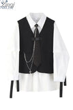Spring Autumn Women's Two-Piece Sets Streetwear Fashion Tooling Style Vest And Solid Loose Long Sleeve Shirts Female