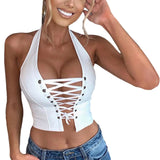 Sexy Women's Sleeveless Vest Solid Color Halter Bandage Lace Up Chest Hollow Out PU Leather Tops for