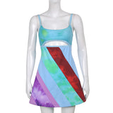 Vintage 90s Striped Patchwork Hollow Out Cami Dresses Aesthetics Cut Out A-line Mini Dress Summer Sexy Clubwear
