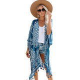 Bikini Cover-ups Boho Printed Fringed Long Kimono Carfigan Tunic Women Plus Size Beach Wear Swim Suit Cover Up