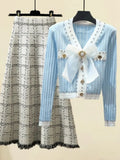 Fall Winter Knitwear Two Piece Sets For Women Outfits French Vintage Fragrance Bow Bandage Knitted Sweater+Plaid Skirt