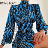 Women Elegant Turtleneck Zebra Stripes Backless Lantern Sleeves Hollow Out Bodycon Mini