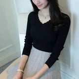 Autumn Long Sleeve Sweater Women Winter Spring Pullover Solid Black White Knitted Sweater Top Wave Cut V-neck Basic