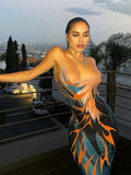 Boho Blue Printed Tight Slip Dress Women Summer Clothes 2022 Elegant Spaghetti Straped Back Open Party Maxi Dresses