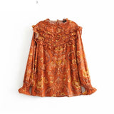 Queens WomenTops Vintage Floral Print Ruffles Loose Blouses Ladies O Neck Long Sleeve Boho Beach Shirts Blusas