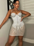 Sexy Chic Rhinestone Crystal Mesh Tassel Details Mini Dress New Womens Strap Skinny Birthday Clubwear Bodycon
