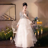 Three-Dimensional Flowers Shoulder Small Tail Dress Bridal Toast Banquet Fairy Fluffy Skirt Evening Dress