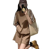 Casual Tracksuit Suit Women 2023 Summer New Loose Short Sleeved O-Neck Top+Wide-Leg Shorts 2-Piece Set Women