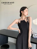 Summer 2022 Womens Fashion Backless Long Slip Dress Black Spaghetti Strap Tunics Designer Asymmetrical Midi
