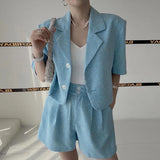 Zingj Chic Summer Temperament Small Fragrant Wind Suit Collar Short Coat High Waist Versatile Two Button Wide Leg Shorts-Outfit