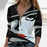 Women Long Sleeve V Neck Geometric Print Blouse Vintage Loose Polo Shirt Y2K Harajuku Oversize Tops Elegant Zip Sweatshirt