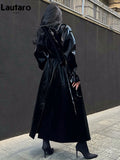 Spring Autumn Extra Long Oversized Cool Reflective Shiny Black Paten Leather Trench Coat for Women Belt Runway
