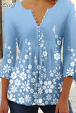 Floral Print Summer Blouse Women Elegant Simple Shirt V Neck Button 3/4 Length Sleeve Casual Holiday Basic Tops