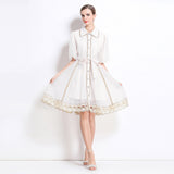 New Famous Summer Retro Collar Single Buckle Lace Lantern Sleeve