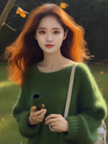 Year's Popular Green Horse Sea Hair Sweater Women's Autumn And Winter Lazy Style Design Is Super Good-Looking Thick Small Fragrant