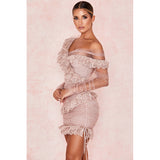 New Summer Women Bandage Mini Pink Dress Sexy V Neck Long Sleeve Backless Elegant Lace Bodycon Club Party Dress